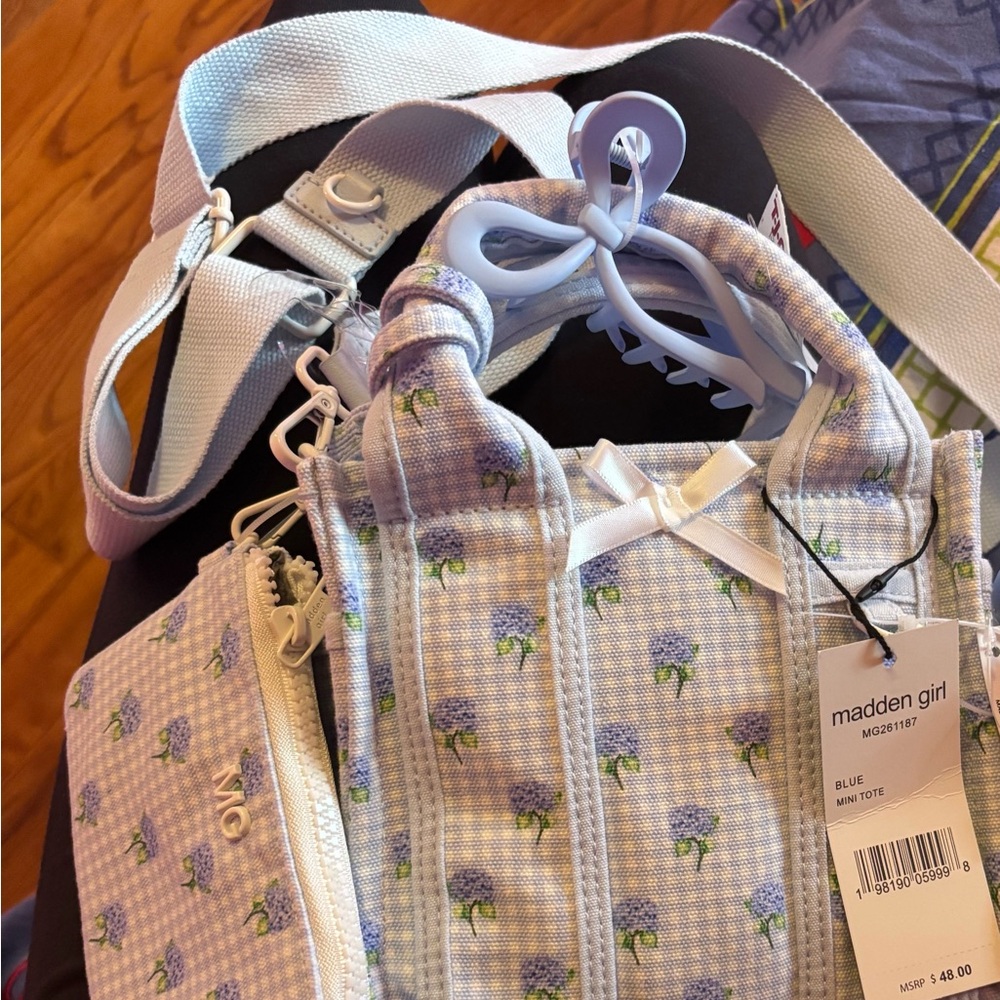 madden girl Blue Floral Mini Tote with coin purse and blue claw clip